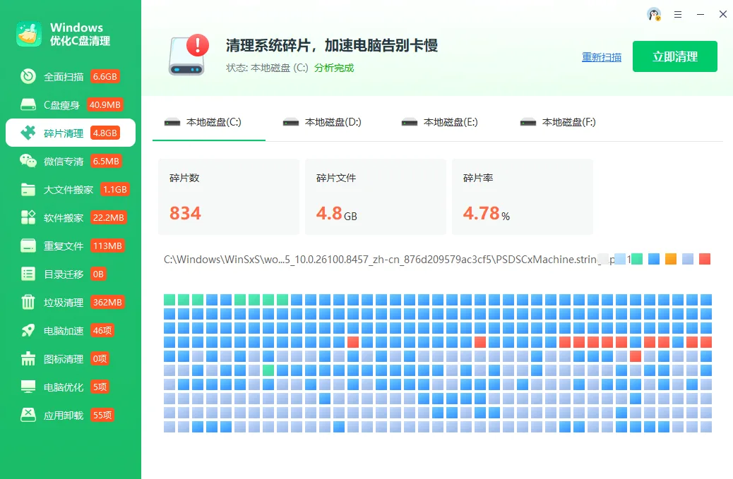 360 Windows 优化 C 盘清理工具界面，展示碎片清理扫描结果
